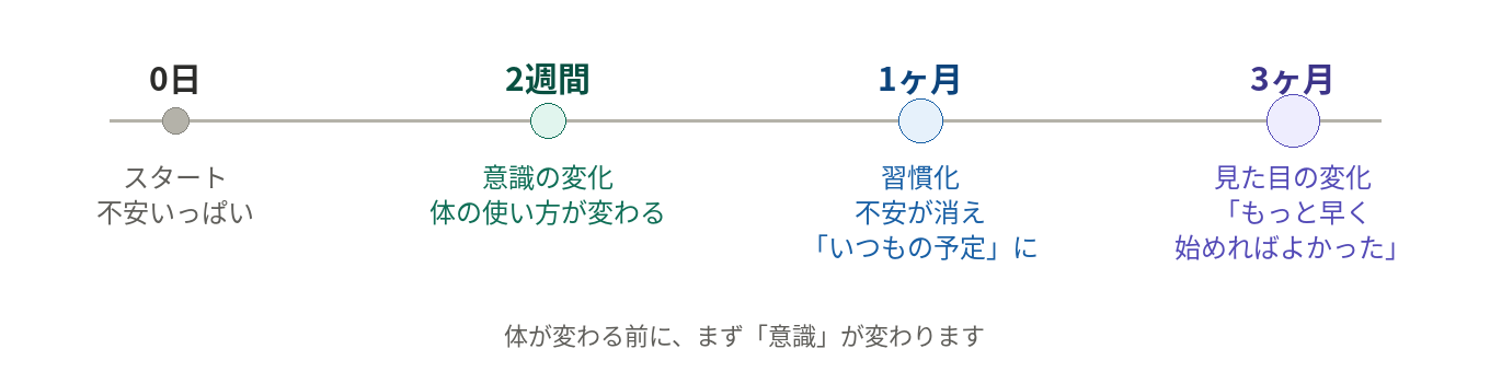 変化のタイムライン：0日スタート→2週間で意識の変化→1ヶ月で習慣化→3ヶ月で見た目の変化